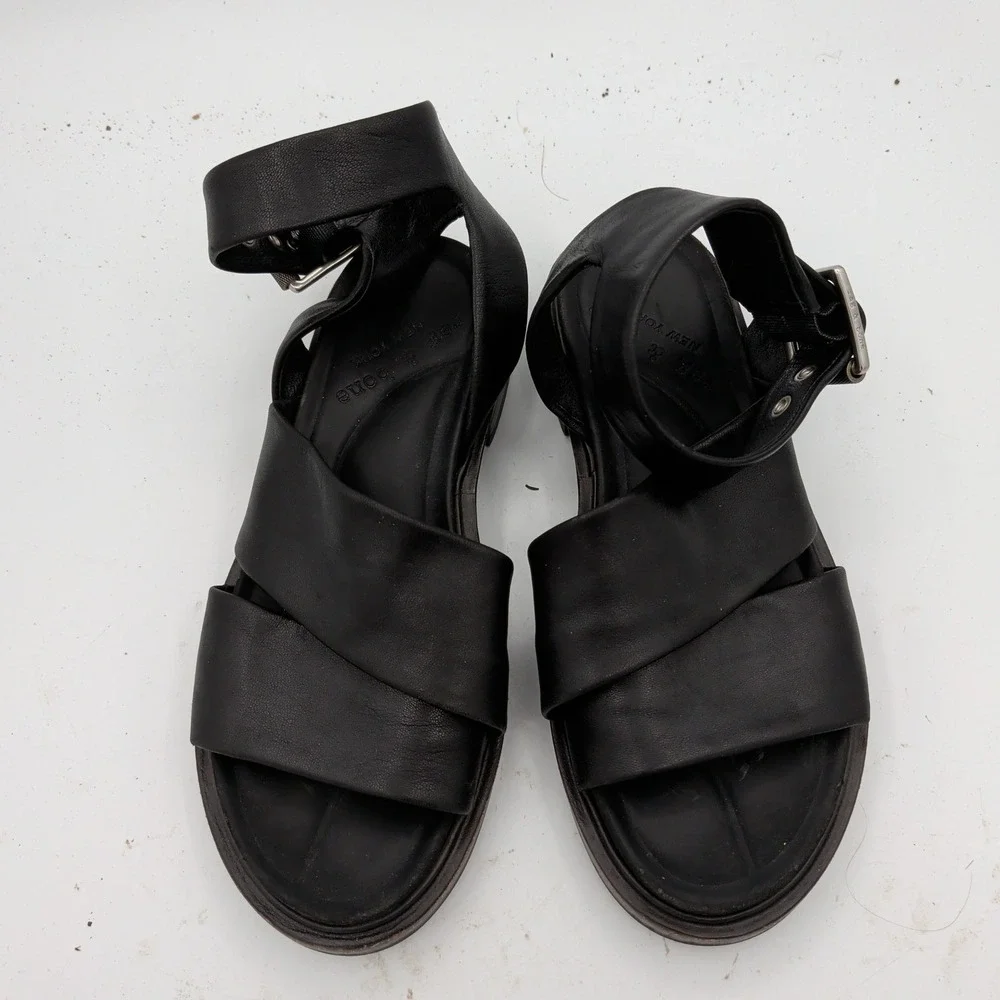 Rag & Bone Slayton $350 Black Leather Ankle Strap Buckle Sandals Womens 36 Italy